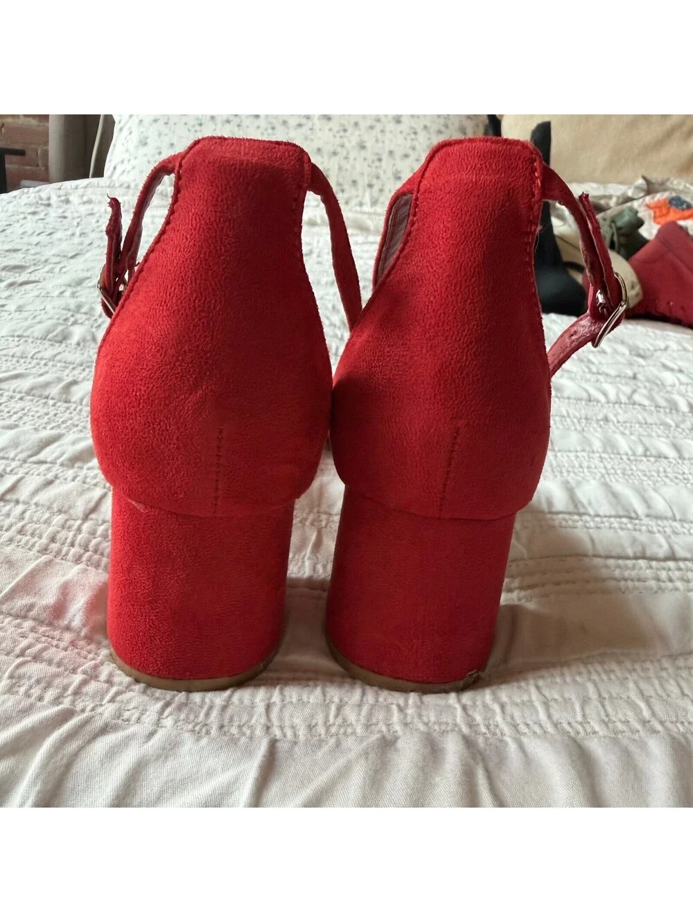 City Classified Red Faux Suede Ankle Strap Block Heel Sandals Size 9